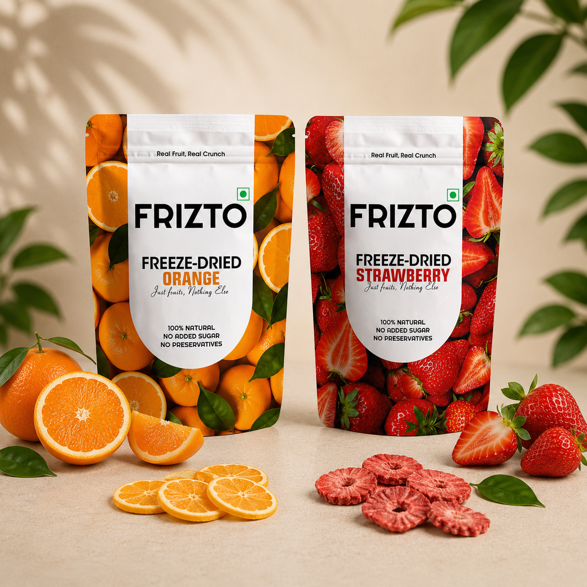 Two FRIZTO Freeze-Dried fruit pouches displayed on a beige surface with fresh fruit props. The left pouch is labeled FRIZTO Freeze-Dried Orange and features an orange and white design with sliced oranges and whole oranges around it.