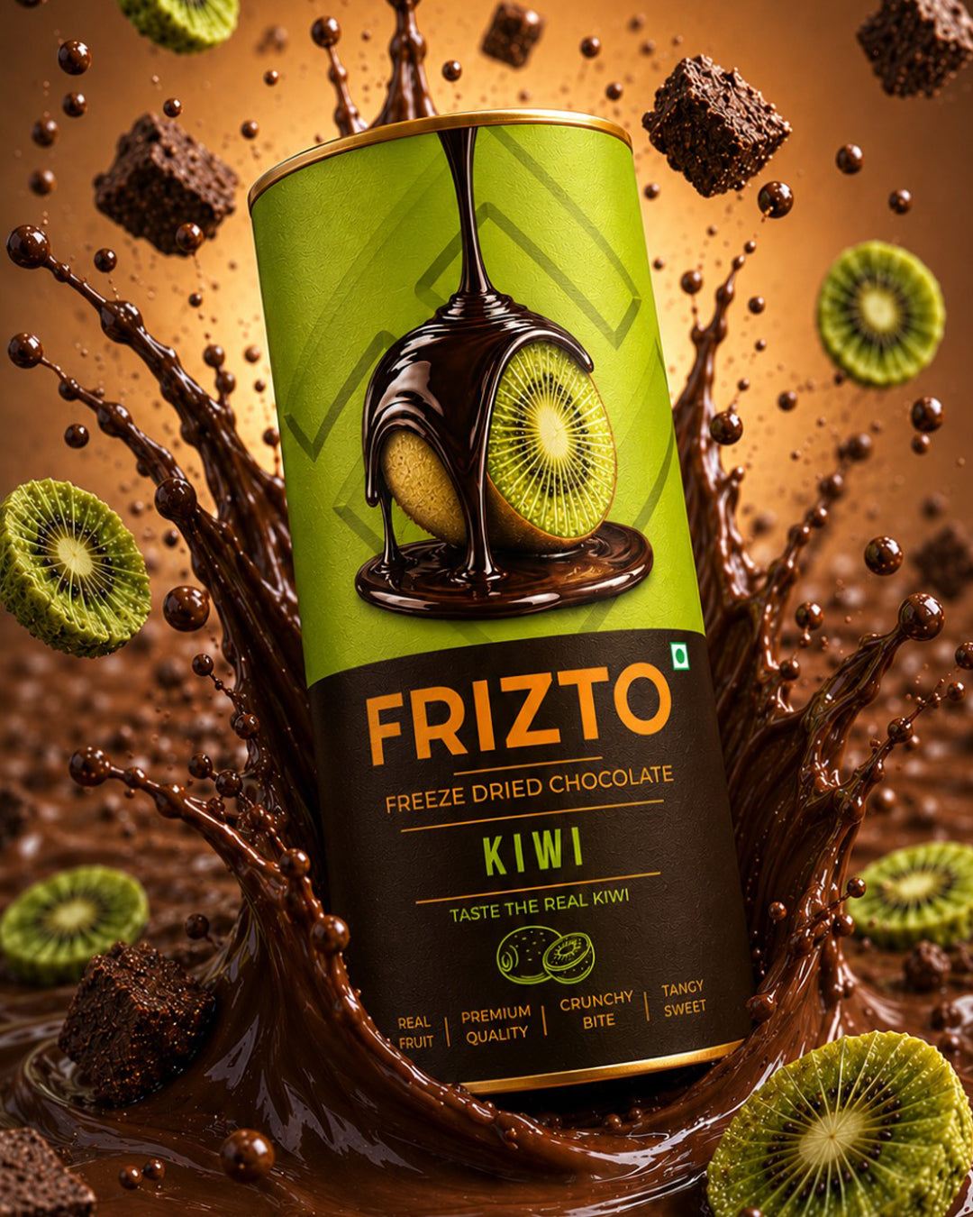 FRIZTO freeze dried chocolate kiwi product with chocolate and kiwi slices in the background