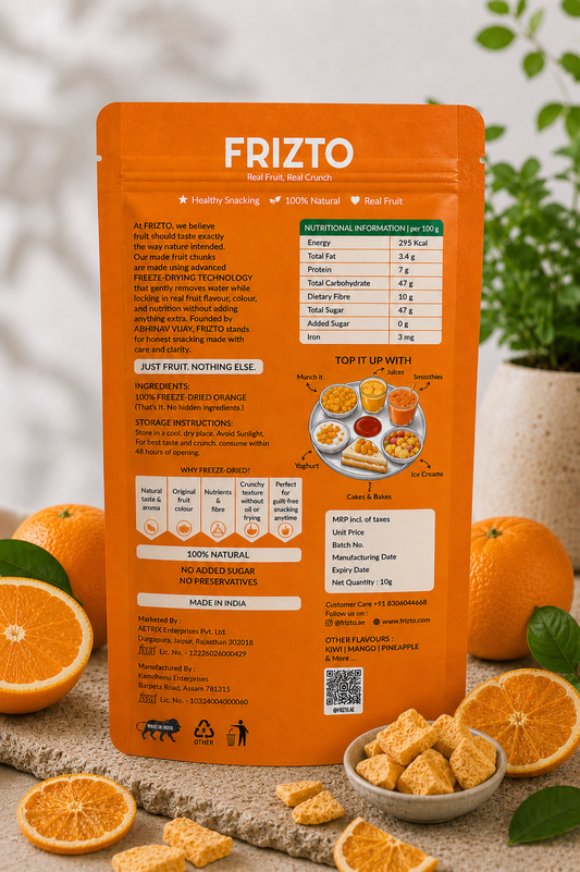 Orange FRIZTO snack package with nutritional information and ingredients, surrounded by oranges.