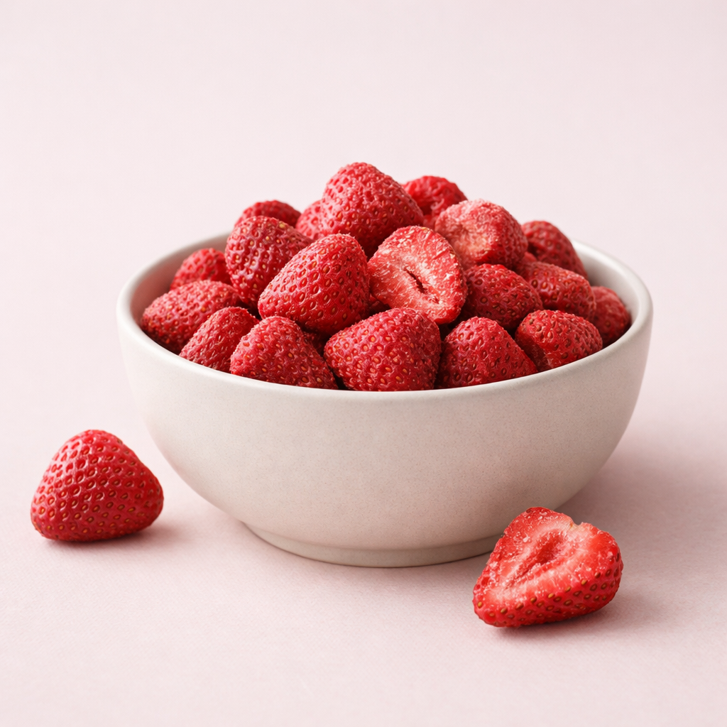 White bowl filled with strawberries on a light pink background