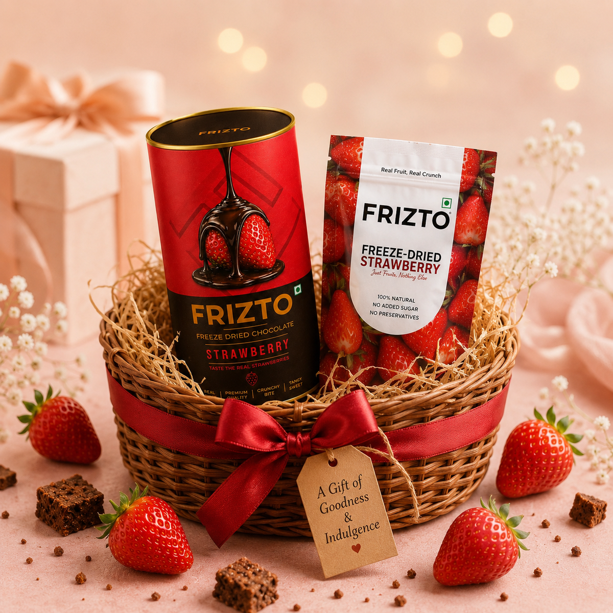 Gift basket with Frizto freeze dried strawberry products on a decorative background