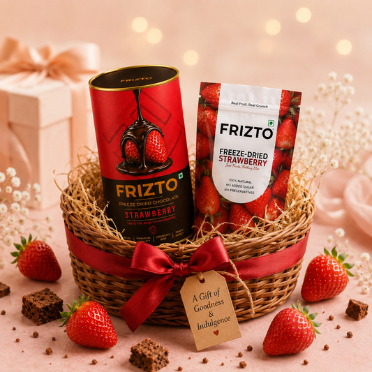 Gift basket with Frizto freeze dried strawberry products on a decorative background