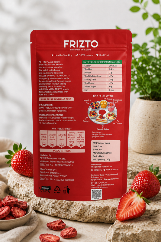 Red FRIZTO product packaging with nutritional information on a rustic background with strawberries.