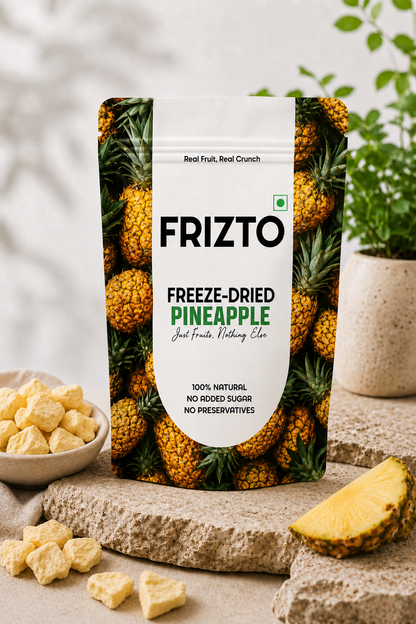 Packaging of Frizto freeze-dried pineapple with pineapple slices and a plant in the background.