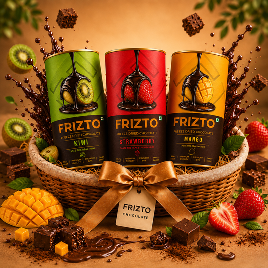 Three Frizto chocolate boxes with fruit flavors in a basket, surrounded by fruits and chocolate pieces.