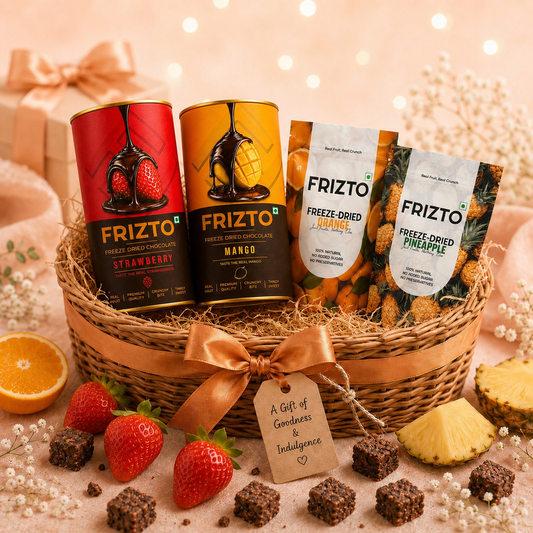 Basket of Frizto freeze-dried snacks with a decorative bow and gift tag on a festive background.
