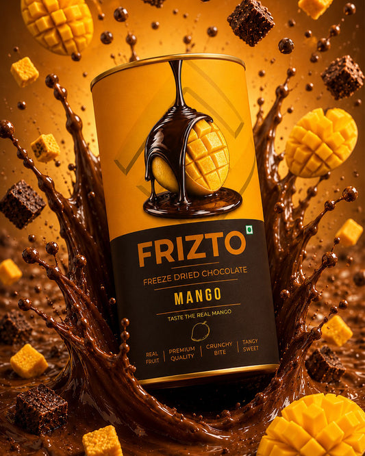FRIZTO freeze-dried chocolate mango product with chocolate and mango pieces around