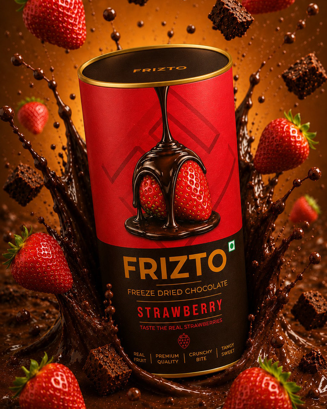 Frizto freeze-dried chocolate strawberry product with chocolate and strawberry elements in the background