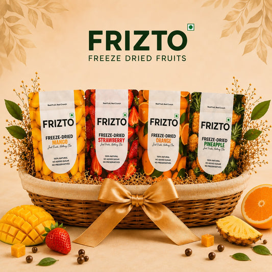 Basket of FRIZTO freeze-dried fruit packages with fruits around on a beige background