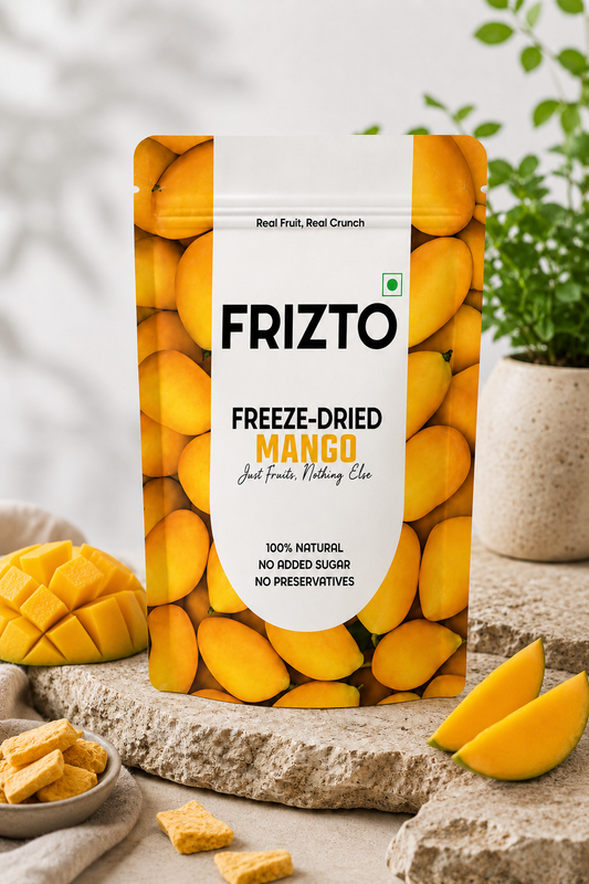 Packaging of Frizto freeze-dried mangoes with mango slices and a plant in the background.