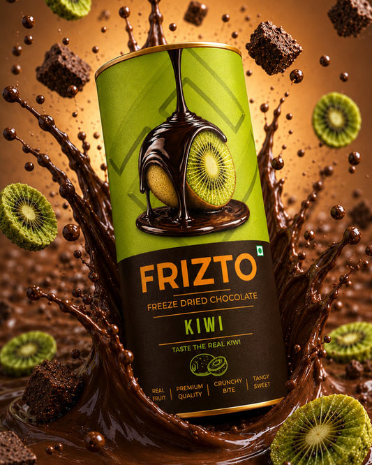 FRIZTO freeze dried chocolate kiwi product with chocolate and kiwi slices in the background