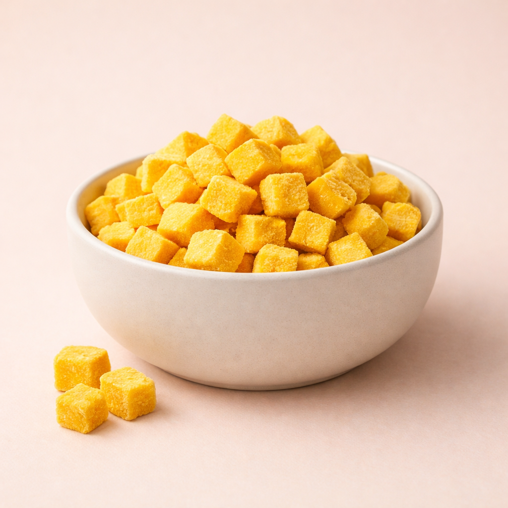 White bowl filled with freeze dried mango on a beige background