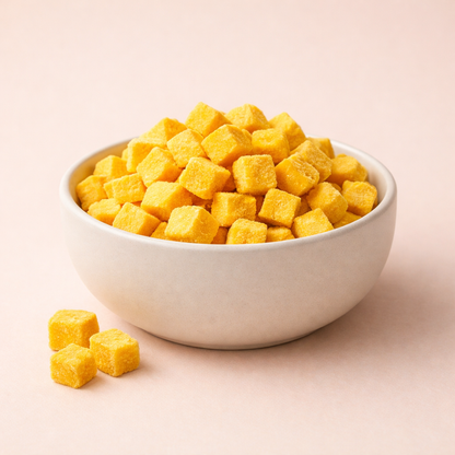 White bowl filled with freeze dried mango on a beige background