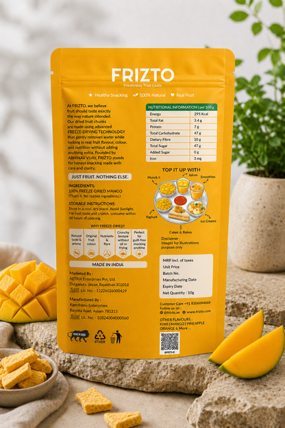 Frizto snack package with nutritional information on a rustic background