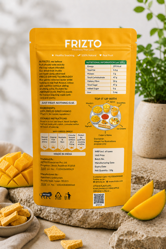 Frizto snack package with nutritional information on a rustic background