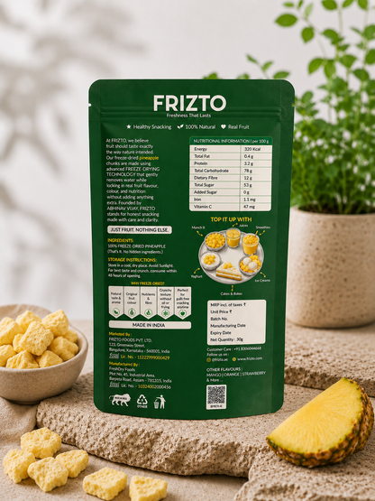  Ingredients of freeze dried pineapple snack package with pineapple pieces on a natural setting
