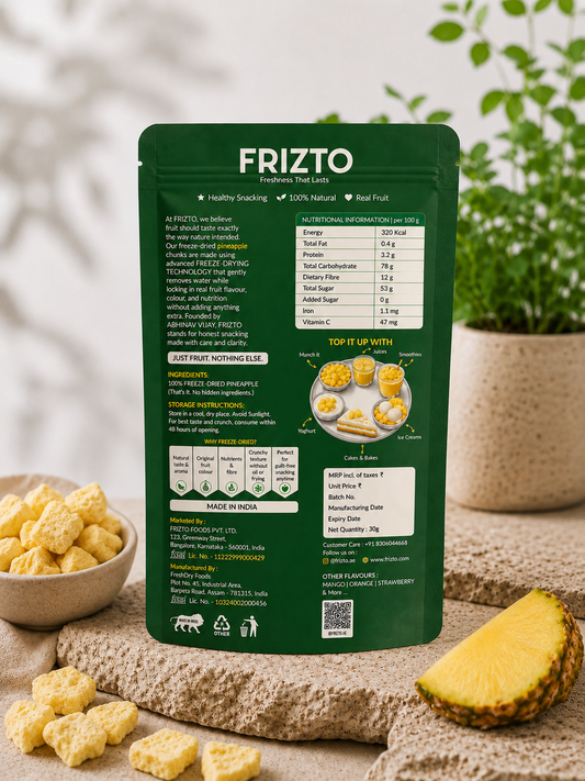  Ingredients of freeze dried pineapple snack package with pineapple pieces on a natural setting