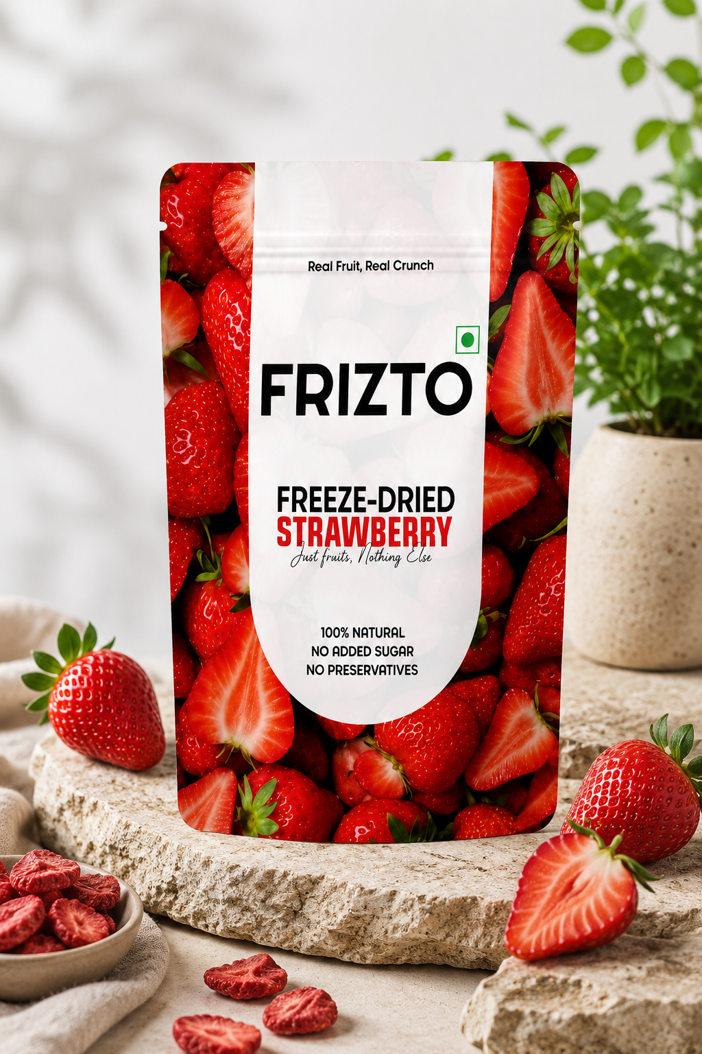 Frizto freeze-dried strawberry package with strawberries around on a natural background